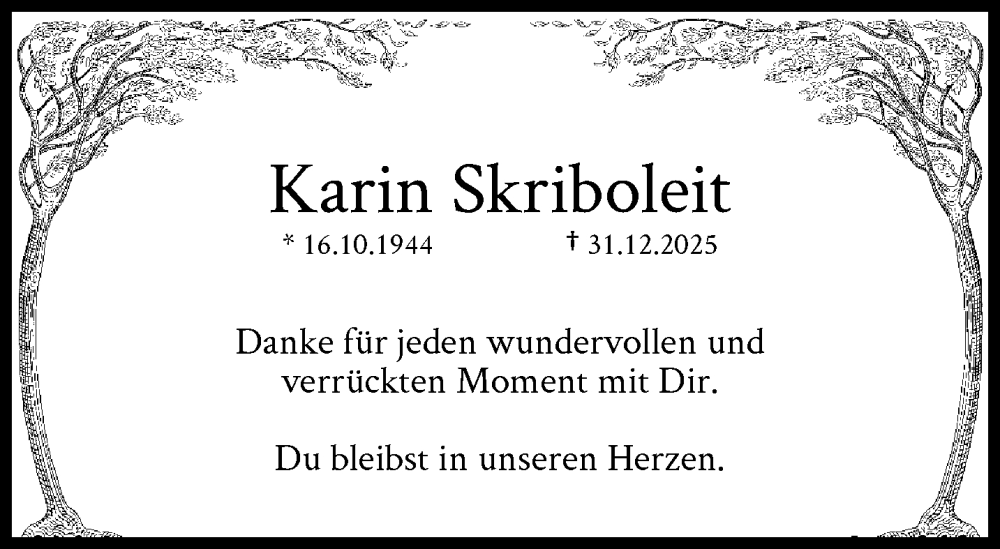  Traueranzeige für Karin Skriboleit vom 17.01.2026 aus trauer.wuppertaler-rundschau.de