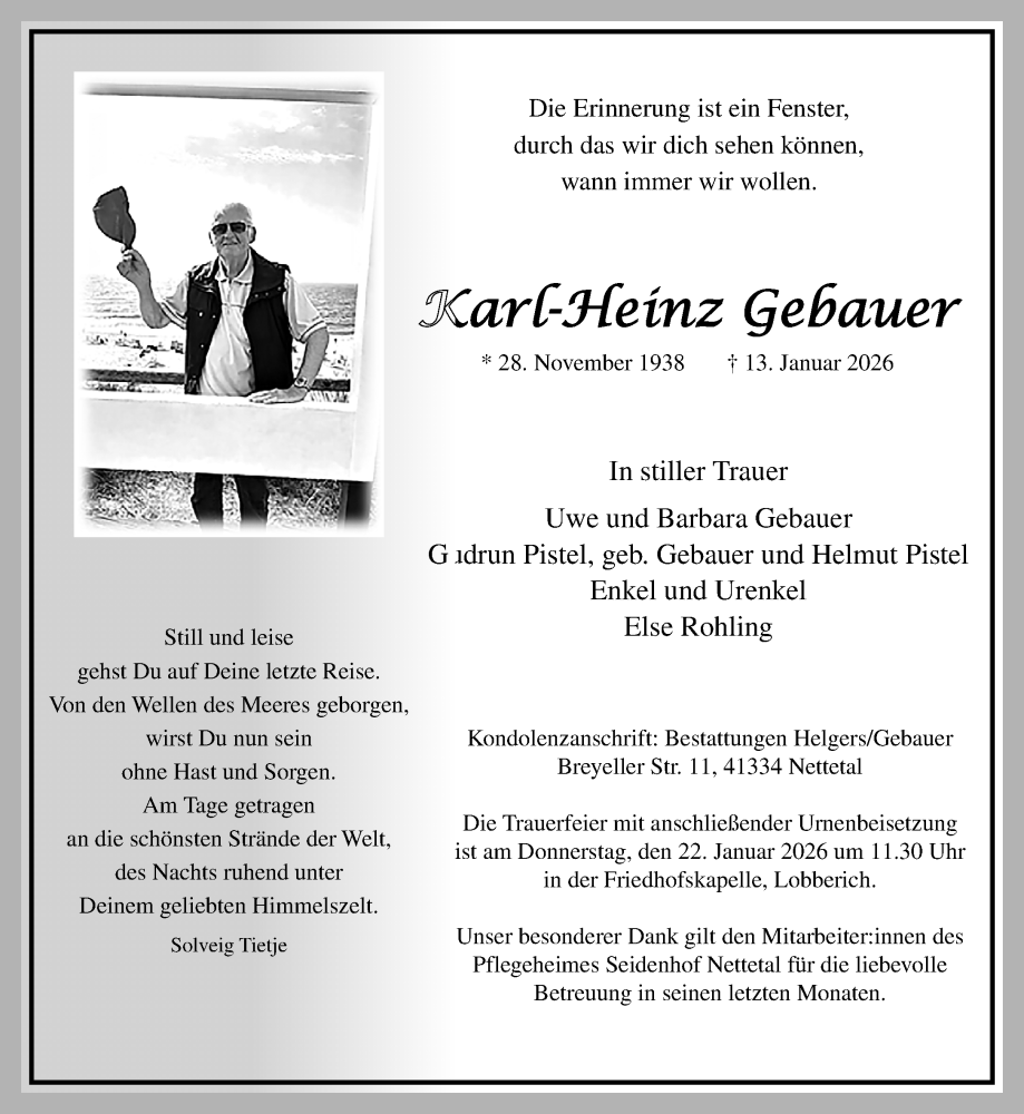  Traueranzeige für Karl-Heinz Gebauer vom 18.01.2026 aus trauer.panorama-anzeigenblatt.de