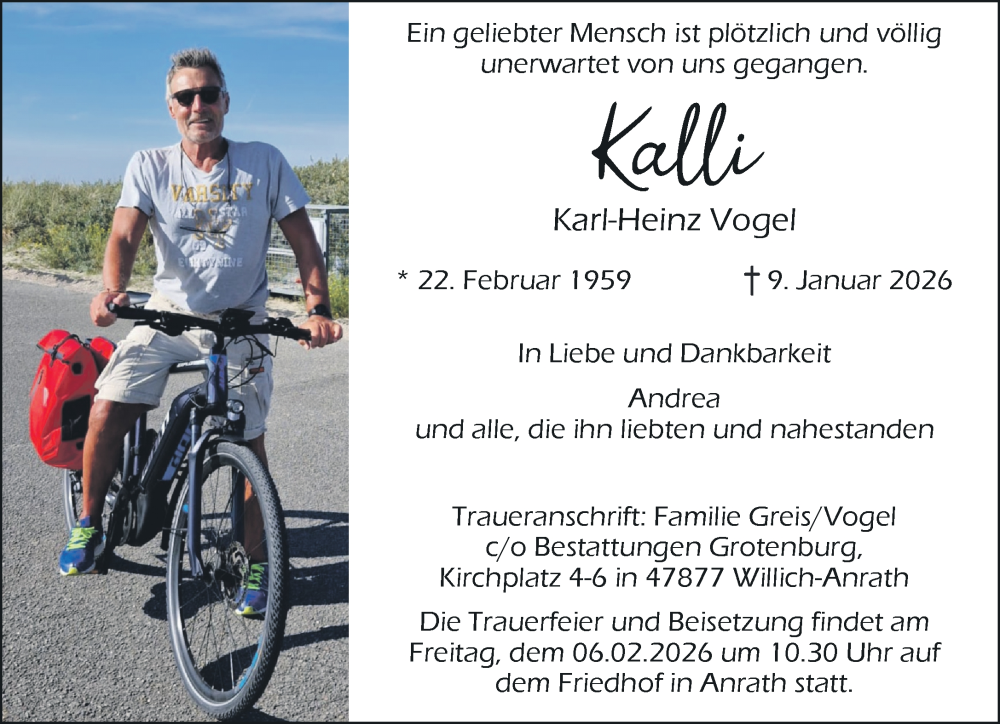  Traueranzeige für Karl-Heinz Vogel vom 25.01.2026 aus trauer.panorama-anzeigenblatt.de
