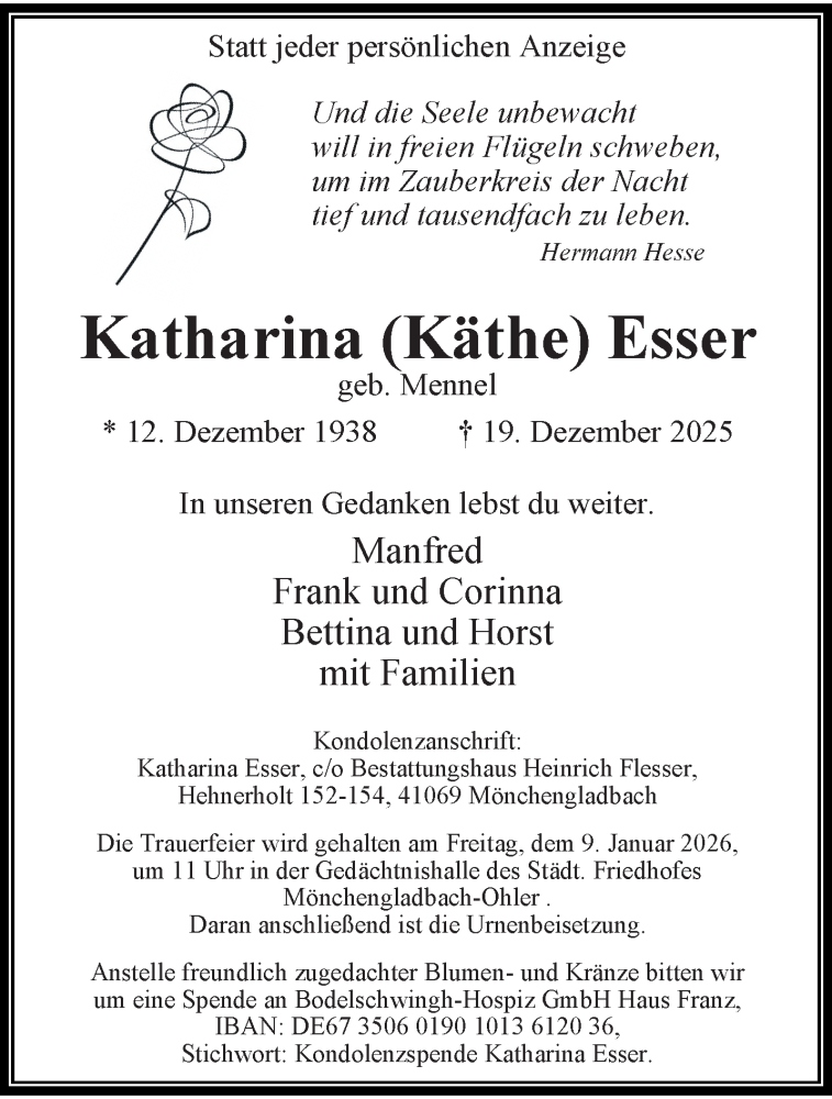  Traueranzeige für Katharina Esser vom 04.01.2026 aus trauer.panorama-anzeigenblatt.de