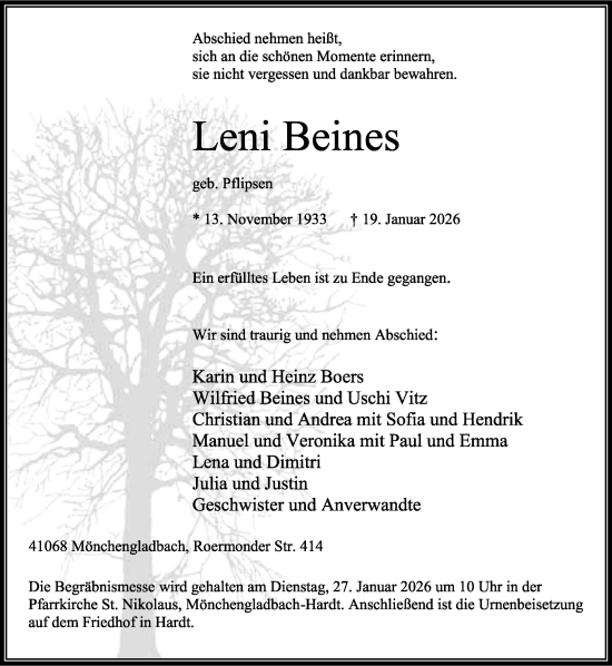 Traueranzeige von Leni Beines von trauer.panorama-anzeigenblatt.de