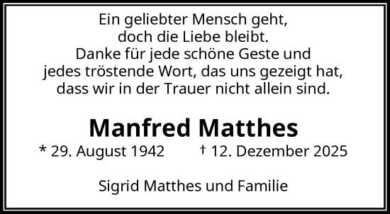 Traueranzeige von Manfred Matthes von trauer.wuppertaler-rundschau.de