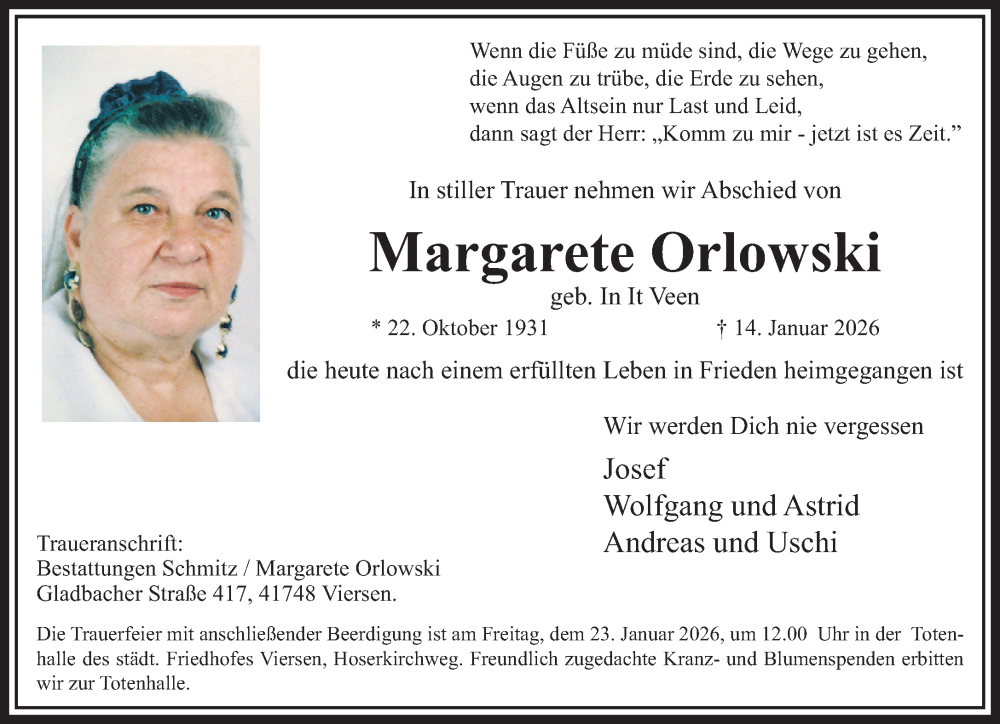  Traueranzeige für Margarete Orlowski vom 18.01.2026 aus trauer.panorama-anzeigenblatt.de