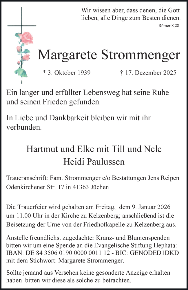  Traueranzeige für Margarete Strommenger vom 03.01.2026 aus trauer.stadt-kurier.de