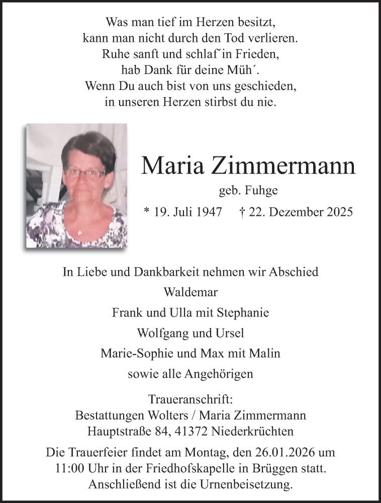  Traueranzeige für Maria Zimmermann vom 18.01.2026 aus trauer.panorama-anzeigenblatt.de
