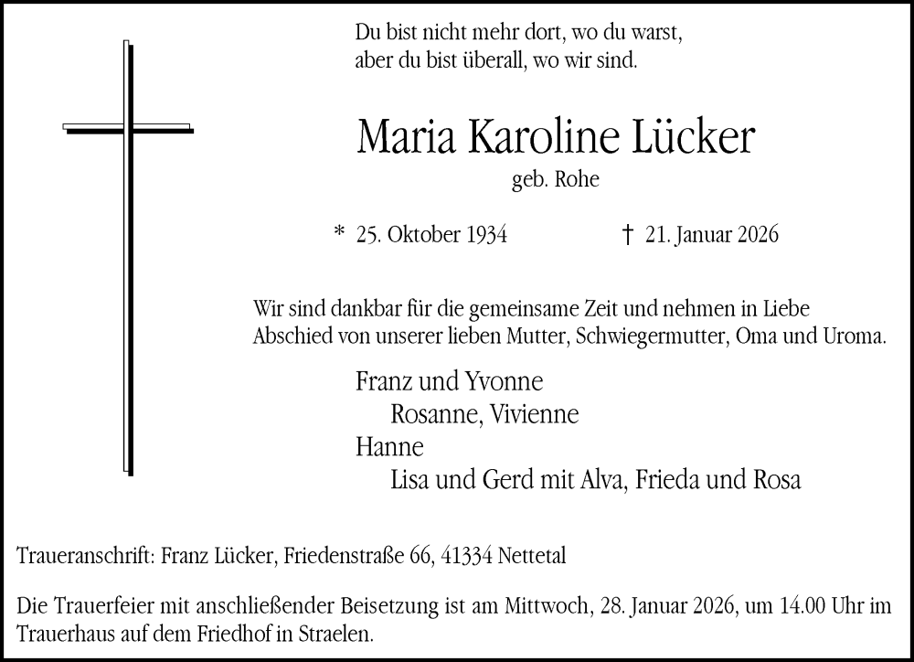  Traueranzeige für Maria Karoline Lücker vom 25.01.2026 aus trauer.panorama-anzeigenblatt.de