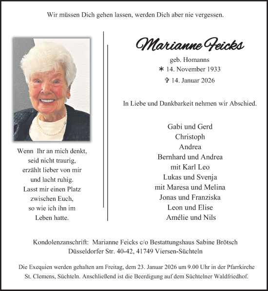 Traueranzeige von Marianne Feicks von trauer.panorama-anzeigenblatt.de