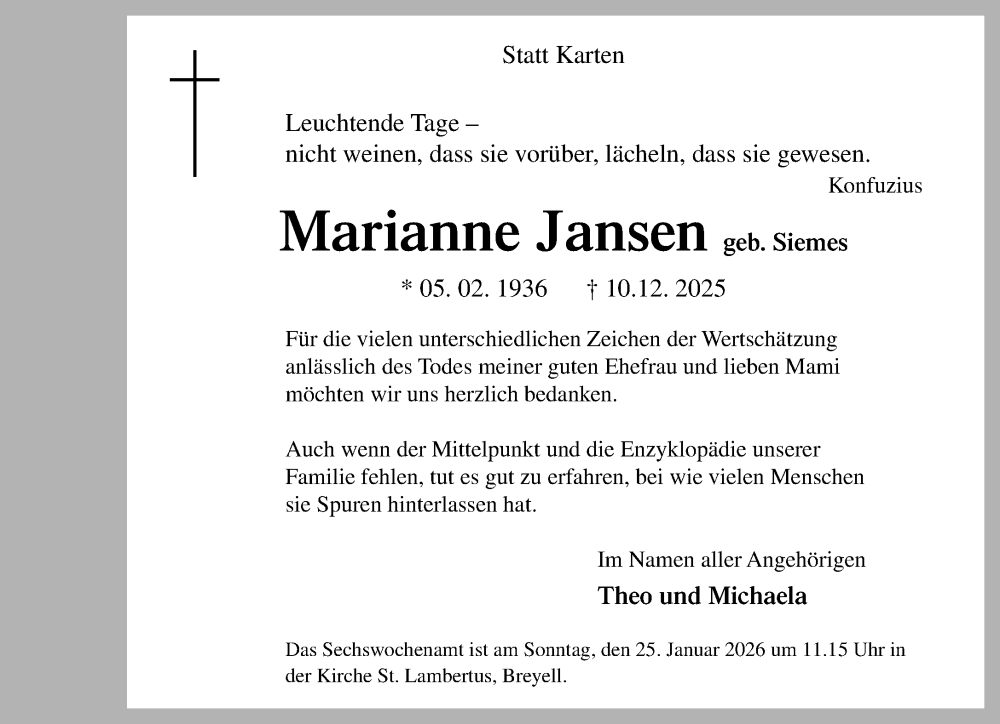  Traueranzeige für Marianne Jansen vom 18.01.2026 aus trauer.panorama-anzeigenblatt.de