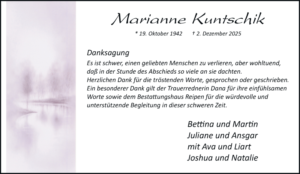  Traueranzeige für Marianne Kuntschik vom 17.01.2026 aus trauer.stadt-kurier.de