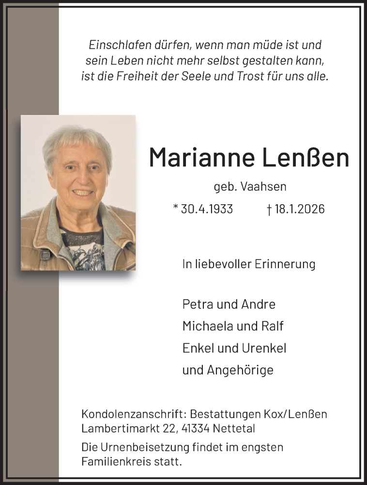  Traueranzeige für Marianne Lenßen vom 25.01.2026 aus trauer.panorama-anzeigenblatt.de