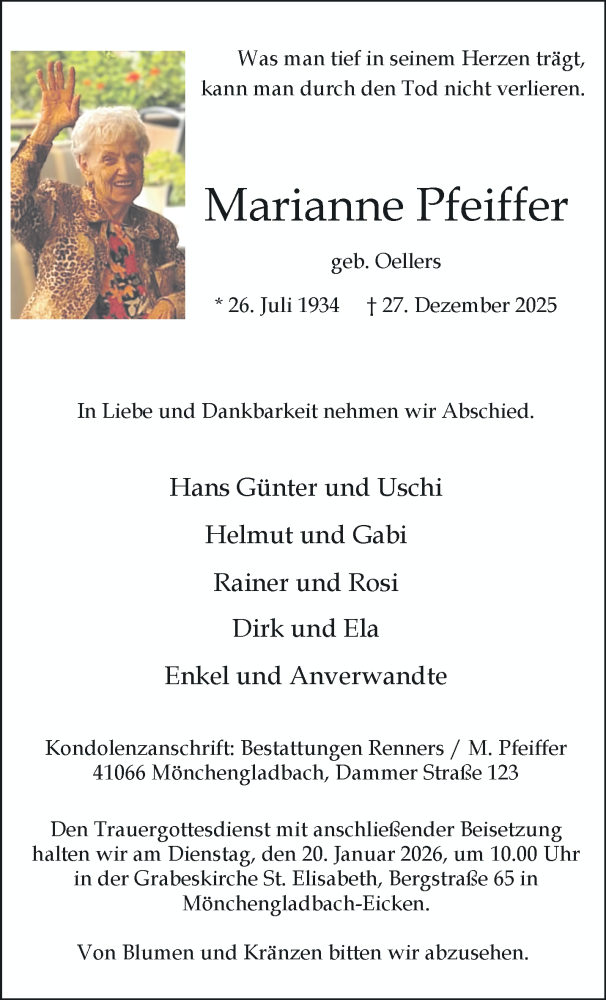  Traueranzeige für Marianne Pfeiffer vom 11.01.2026 aus trauer.panorama-anzeigenblatt.de