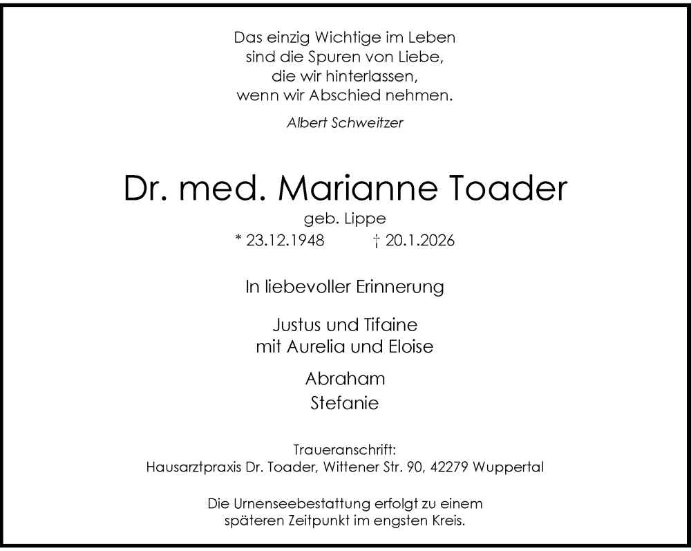  Traueranzeige für Marianne Toader vom 31.01.2026 aus trauer.wuppertaler-rundschau.de