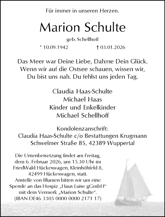 Traueranzeige von Marion Schulte von trauer.wuppertaler-rundschau.de