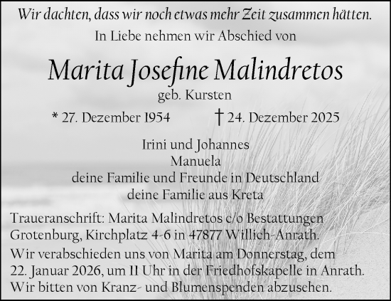 Traueranzeige von Marita Josefine Malindretos von trauer.panorama-anzeigenblatt.de