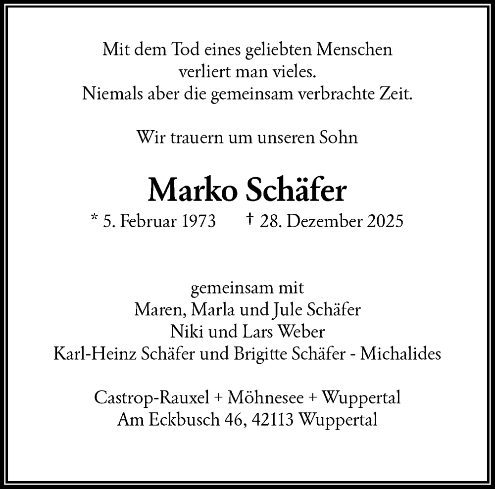  Traueranzeige für Marko Schäfer vom 03.01.2026 aus trauer.wuppertaler-rundschau.de