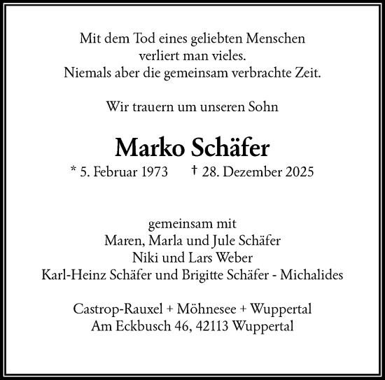 Traueranzeige von Marko Schäfer von trauer.wuppertaler-rundschau.de