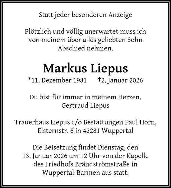 Traueranzeige von Markus Liepus von trauer.wuppertaler-rundschau.de