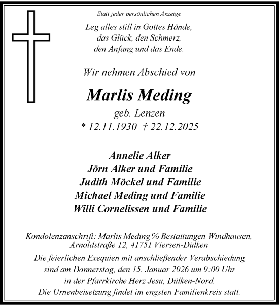 Traueranzeige von Marlis Meding von trauer.panorama-anzeigenblatt.de