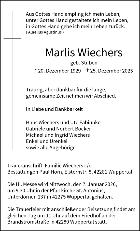 Traueranzeige von Marlis Wiechers von trauer.wuppertaler-rundschau.de