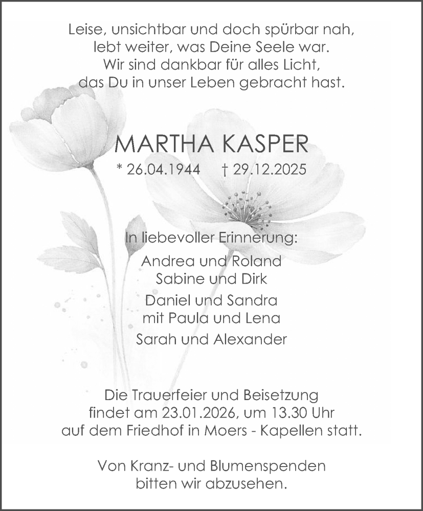  Traueranzeige für Martha Kasper vom 18.01.2026 aus trauer.panorama-anzeigenblatt.de