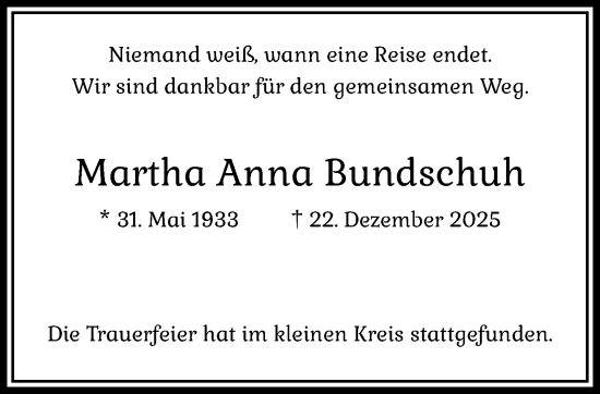 Traueranzeige von Martha Anna Bundschuh von trauer.panorama-anzeigenblatt.de