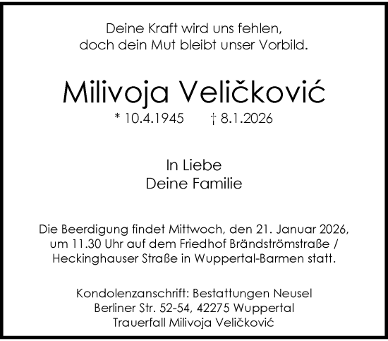 Traueranzeige von Milivoja Veličković von trauer.wuppertaler-rundschau.de