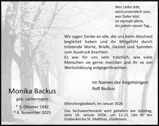 Traueranzeige von Monika Backus von trauer.panorama-anzeigenblatt.de