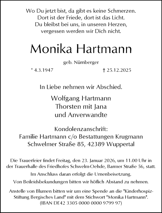 Traueranzeige von Monika Hartmann von trauer.wuppertaler-rundschau.de