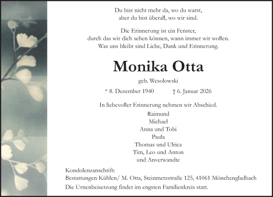 Traueranzeige von Monika Otta von trauer.panorama-anzeigenblatt.de