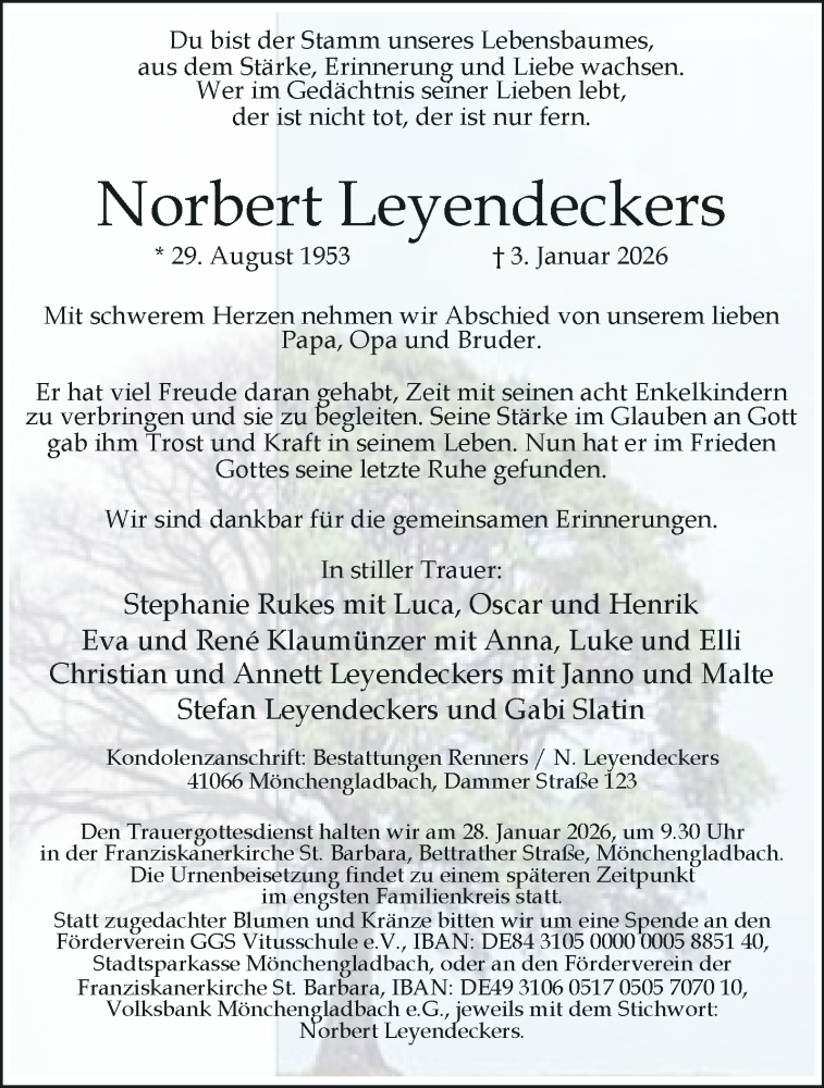  Traueranzeige für Norbert Leyendeckers vom 18.01.2026 aus trauer.panorama-anzeigenblatt.de
