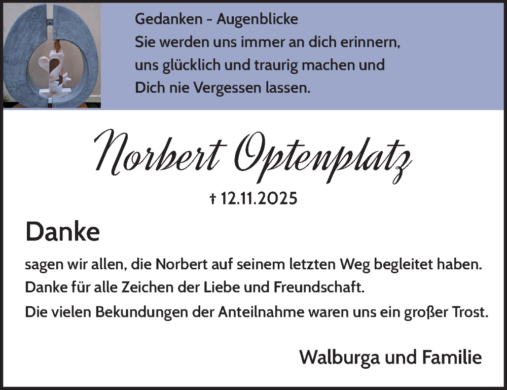  Traueranzeige für Norbert Optenplatz vom 18.01.2026 aus trauer.panorama-anzeigenblatt.de