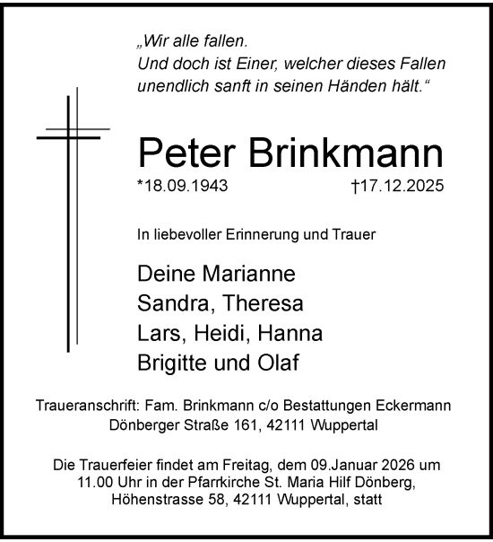 Traueranzeige von Peter Brinkmann von trauer.wuppertaler-rundschau.de