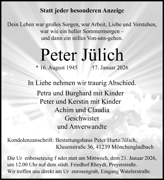 Traueranzeige von Peter Jülich von trauer.panorama-anzeigenblatt.de