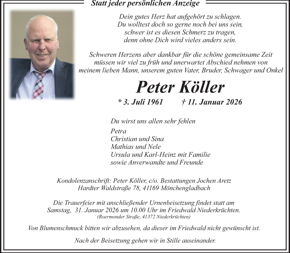  Traueranzeige für Peter Köller vom 18.01.2026 aus trauer.panorama-anzeigenblatt.de
