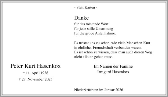 Traueranzeige von Peter Kurt Hasenkox von trauer.panorama-anzeigenblatt.de