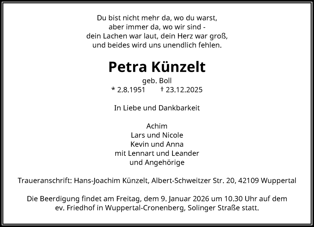 Traueranzeige für Petra Künzelt vom 03.01.2026 aus trauer.wuppertaler-rundschau.de