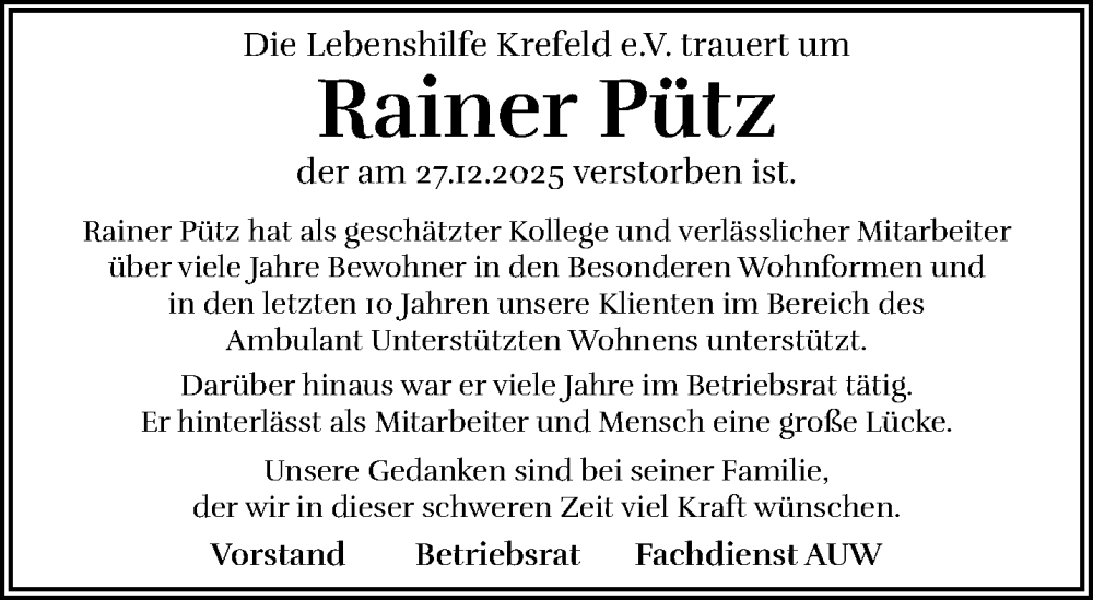  Traueranzeige für Rainer Pütz vom 11.01.2026 aus trauer.panorama-anzeigenblatt.de