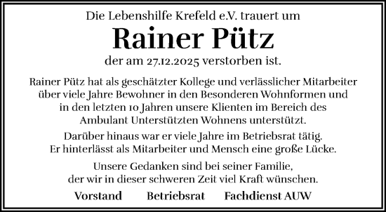 Traueranzeige von Rainer Pütz von trauer.panorama-anzeigenblatt.de