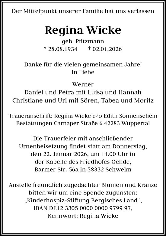Traueranzeige von Regina Wicke von trauer.wuppertaler-rundschau.de
