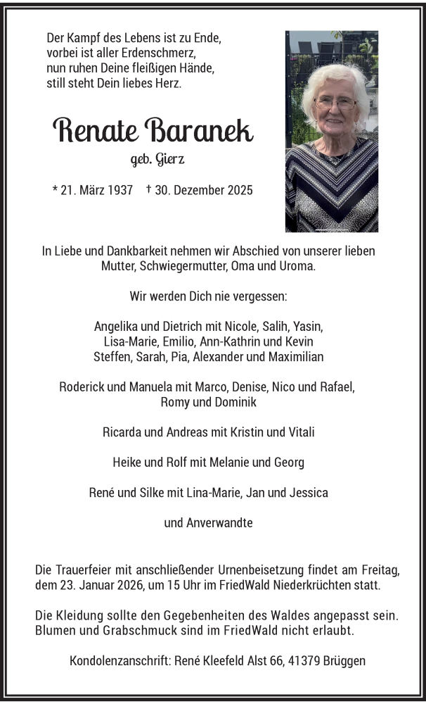  Traueranzeige für Renate Baranek vom 18.01.2026 aus trauer.panorama-anzeigenblatt.de