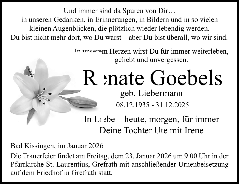  Traueranzeige für Renate Goebels vom 18.01.2026 aus trauer.panorama-anzeigenblatt.de