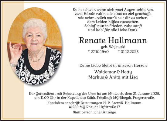 Traueranzeige von Renate Hallmann von trauer.panorama-anzeigenblatt.de