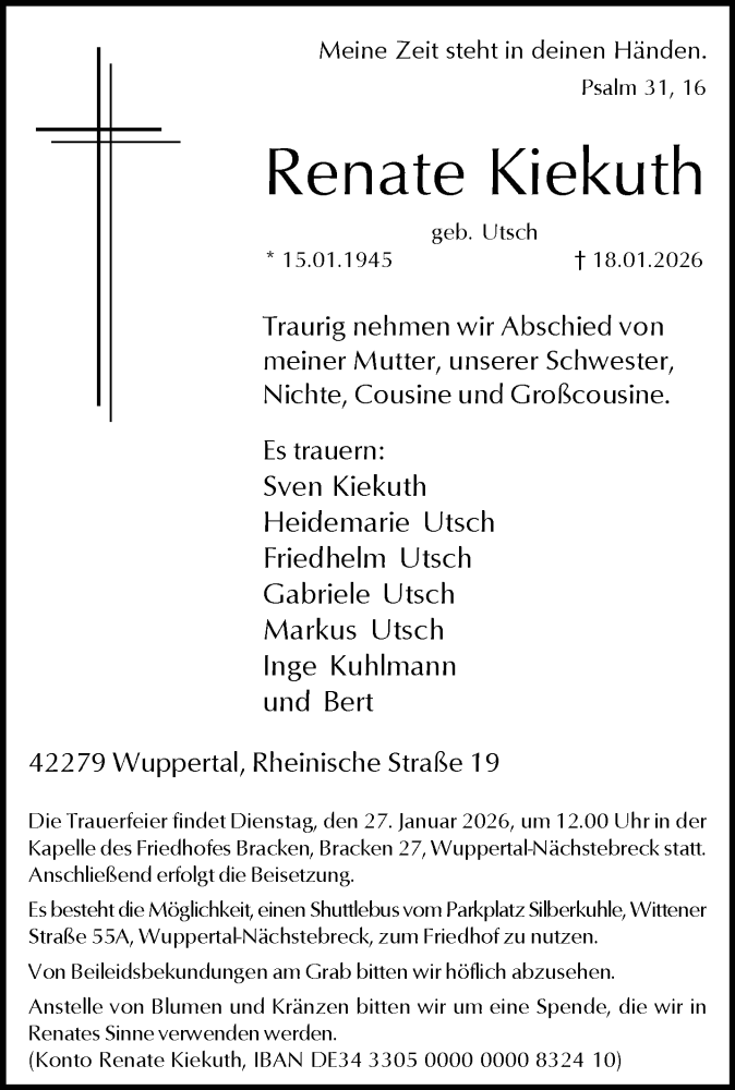  Traueranzeige für Renate Kiekuth vom 24.01.2026 aus trauer.wuppertaler-rundschau.de