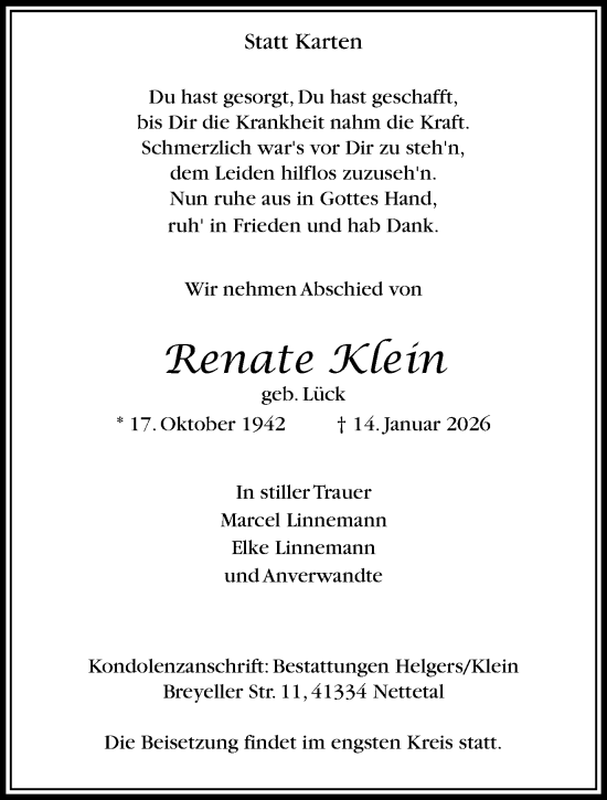 Traueranzeige von Renate Klein von trauer.panorama-anzeigenblatt.de