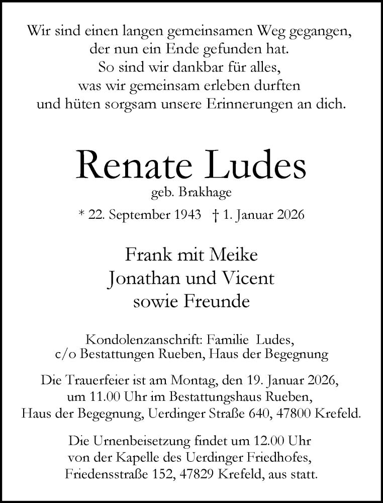  Traueranzeige für Renate Ludes vom 11.01.2026 aus trauer.panorama-anzeigenblatt.de