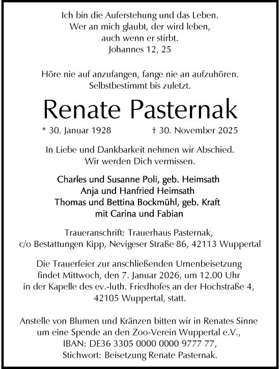 Traueranzeige von Renate Pasternak von trauer.wuppertaler-rundschau.de