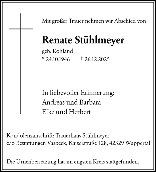 Traueranzeige von Renate Stühlmeyer von trauer.wuppertaler-rundschau.de