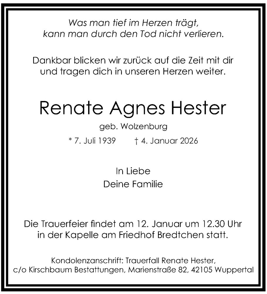  Traueranzeige für Renate Agnes Hester vom 10.01.2026 aus trauer.wuppertaler-rundschau.de