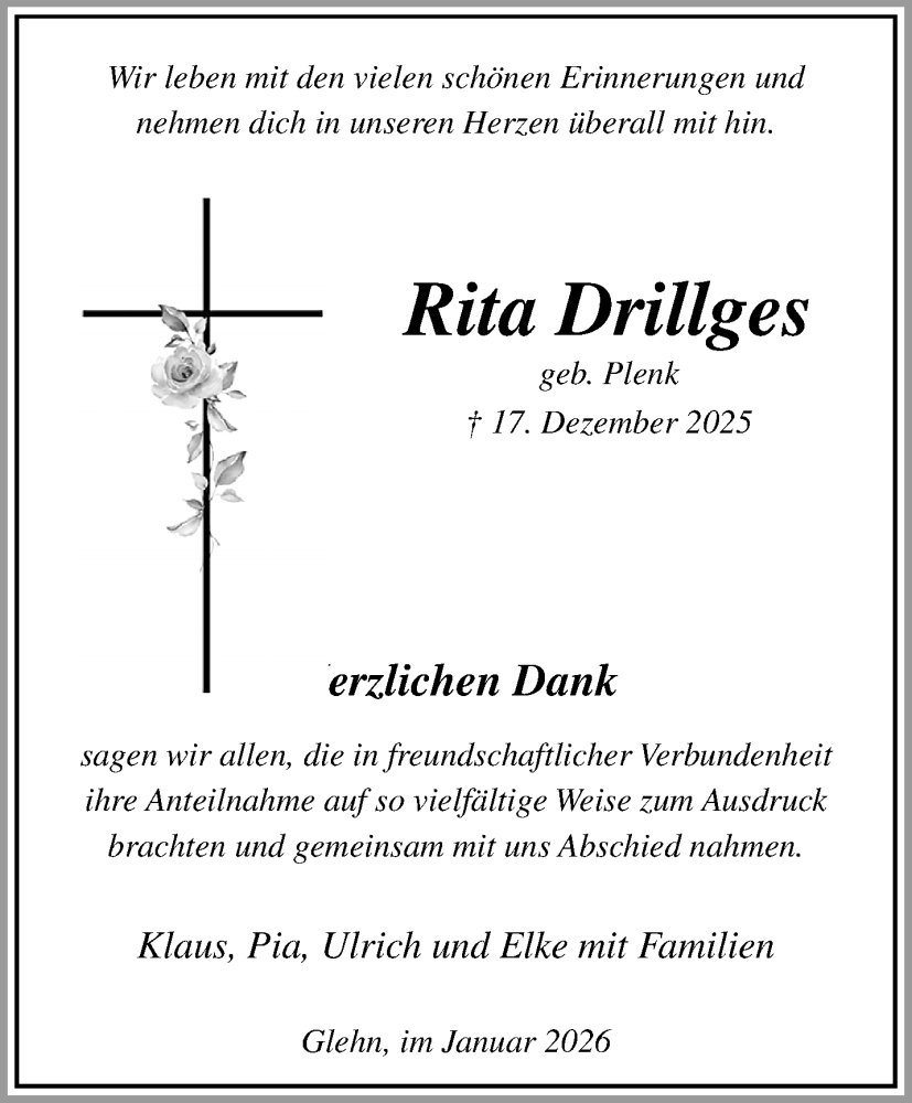  Traueranzeige für Rita Drillges vom 01.02.2026 aus trauer.panorama-anzeigenblatt.de