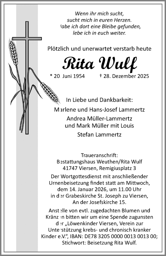  Traueranzeige für Rita Wulf vom 11.01.2026 aus trauer.panorama-anzeigenblatt.de